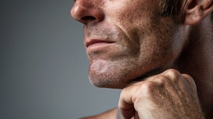 The image shows a male individual, likely an adult man, with prominent facial hair and muscles, looking at his chin while adjusting his collar or neckline.