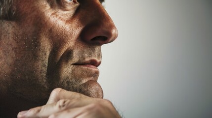 Fototapeta premium Man's face in close-up with contemplative expression.