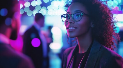 Young businesswoman wearing stylish eyeglasses, smiling brightly while engaging with others at a vibrant networking event, surrounded by colorful lights creating a lively atmosphere