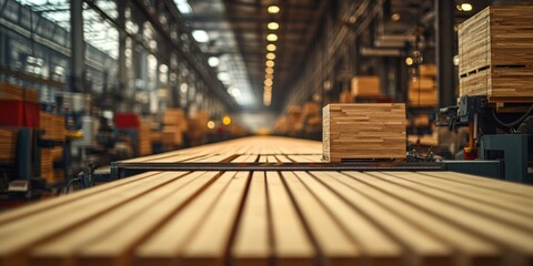 Fototapeta premium Wooden planks moving on conveyor belt in woodworking industrial factory