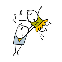 Cartoon characters famous Russian ballet. Vector illustration of stickman dancing in the theater, lifting a ballerina. Swan Lake. Isolated on white background.