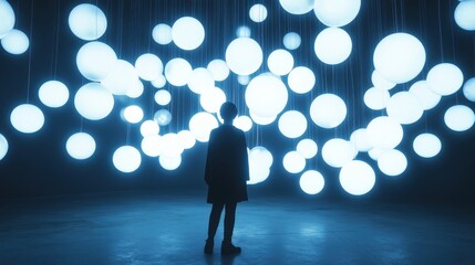 Obraz premium Woman is standing in a dark room, admiring many glowing spheres hanging from the ceiling, creating a mesmerizing and futuristic atmosphere