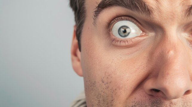 "Man with an exaggeratedly large eye looking out of a photo."