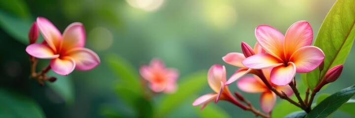 Fototapeta premium Plumeria flowers swaying gently in the breeze, plumeria, lush, flowers