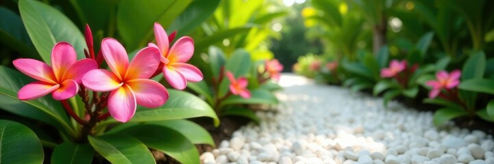 Fototapeta premium Plumeria flowers in a garden with white gravel path, path, tropical
