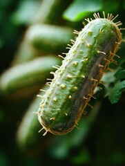 Naklejka premium Close-up of a fresh cucumber hanging among lush green foliage in a garden setting