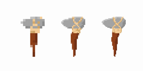Three pixelated stone axes with wooden handles, viewed in various angles each with unique styles.