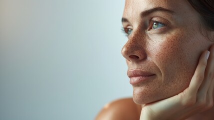 Fototapeta premium The image depicts a woman's close-up face, focusing on her eye and skin texture details.