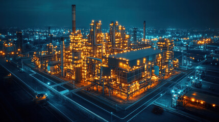 Fototapeta premium Construction factory blueprint aerial view, digital planning overlays, 3D-modeled logistics tracking, and AI-driven project management