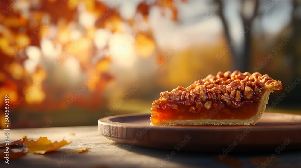 Poster A slice of pecan pie adorned with caramelized nuts rests on a rustic wooden plate amid a soft-focus autumn backdrop, showcasing fallen leaves and warm colors