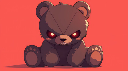 Cartoon bear character with a fierce expression sitting against a vibrant red background