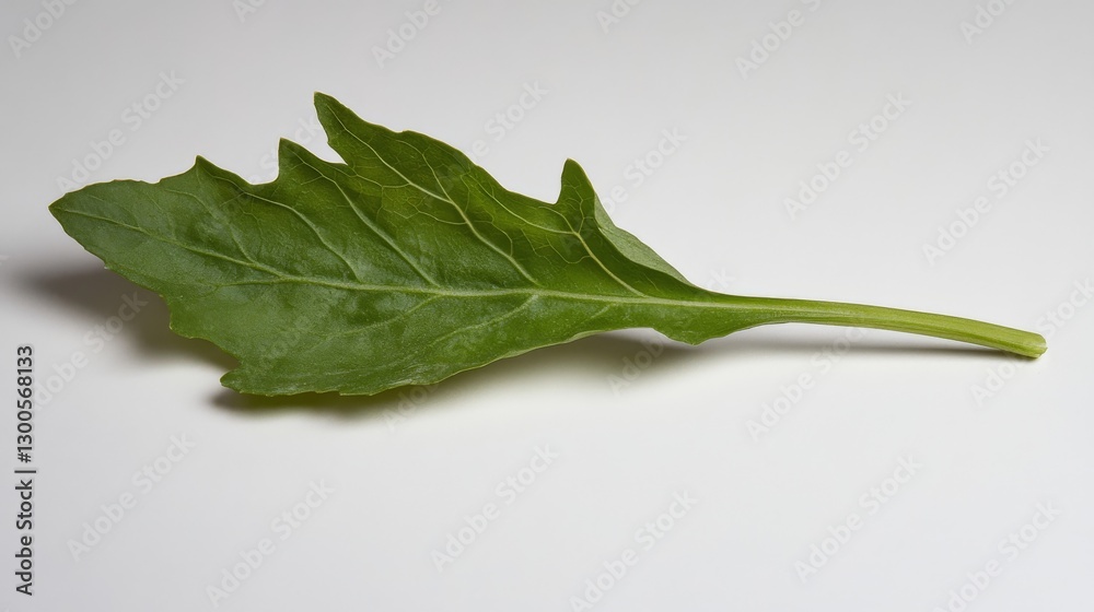 Poster A single serrated leaf rests on a simple neutral surface, showcasing its vibrant texture and intricate details under soft, natural light, creating a calming effect