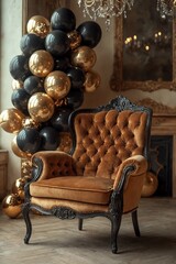 Una elegante silla de terciopelo marrón frente a un fondo de globos dorados y negros en un ambiente clásico.