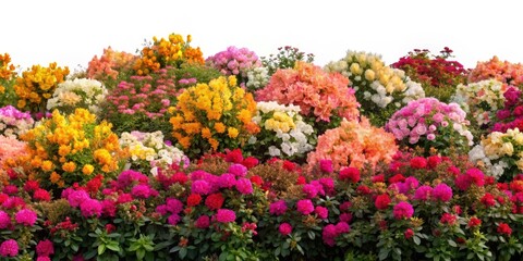 Dense blooming shrubbery on a transparent background with vibrant flowers in various colors like pink, yellow and orange