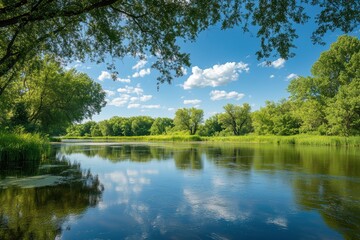 Fototapeta premium Serene Reflection of Trees and Clouds in Calm River Landscape
