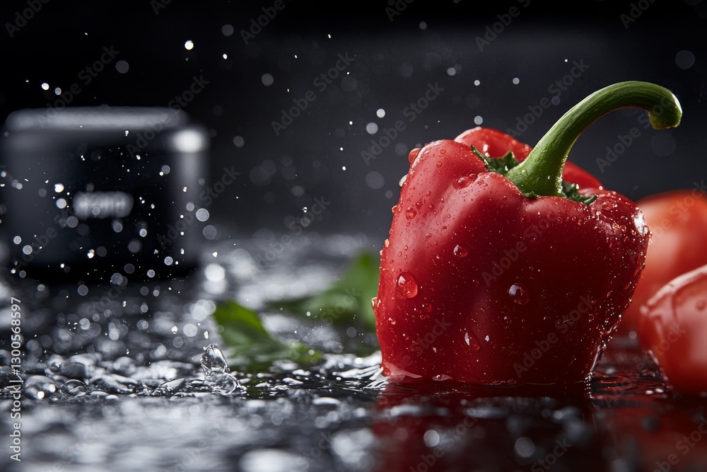 Poster a vibrant red pepper impacts the water, sending droplets in every direction, showcasing its freshnes