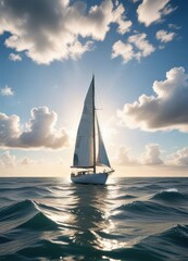 A sailboat navigating through calm ocean waters, with a bright sunny sky and fluffy white clouds in the background ,  sky,  water,  nautical theme banner