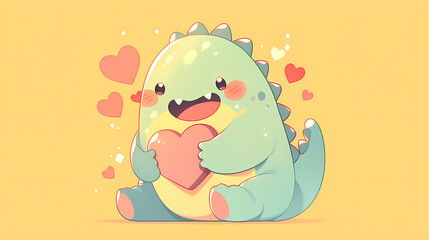 Cute cartoon dinosaur character joyfully holding a heart, surrounded by floating hearts on a pastel background