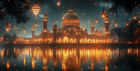Illuminated Mosque Reflecting in Water Under Starry Night