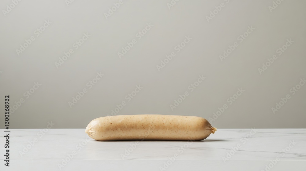 Poster a raw chicken sausage rests on a pristine white surface, showcasing its freshness and texture agains
