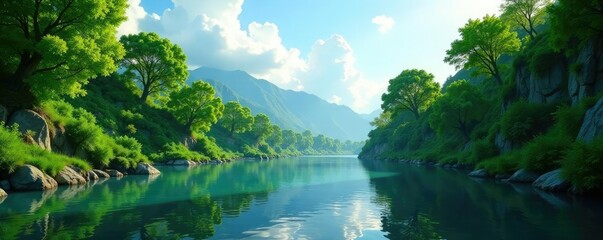 Lush greenery surrounds tranquil river waters, clouds, nature