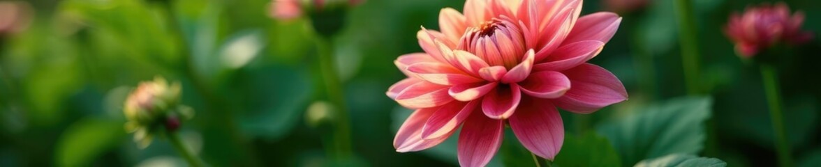 Fototapeta premium Lush greenery swaying around a majestic dahlia blossom, botanical, dahlia, flower