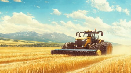 Obraz premium a farmer driving a futuristic, solar-powered tractor through a golden wheat field, with mountains in the distance. 