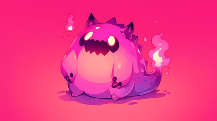 Obraz premium Cute cartoon monster with glowing eyes and flames, set against a vibrant pink background, ideal for playful designs