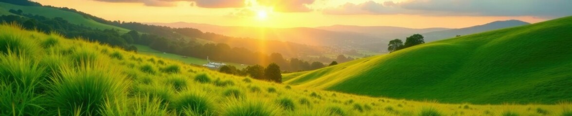 Naklejka premium Lush green meadows and hills bathed in golden light, landscape, lush, meadow