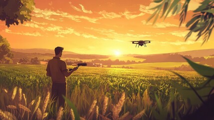 Fototapeta premium a modern farmer in a field, using a drone to survey crops, with lush green fields and a sunset in the background.