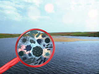 Magnifying lens with simulated algae, plankton, germs, viruses, bacteria in the water. Bank of a...