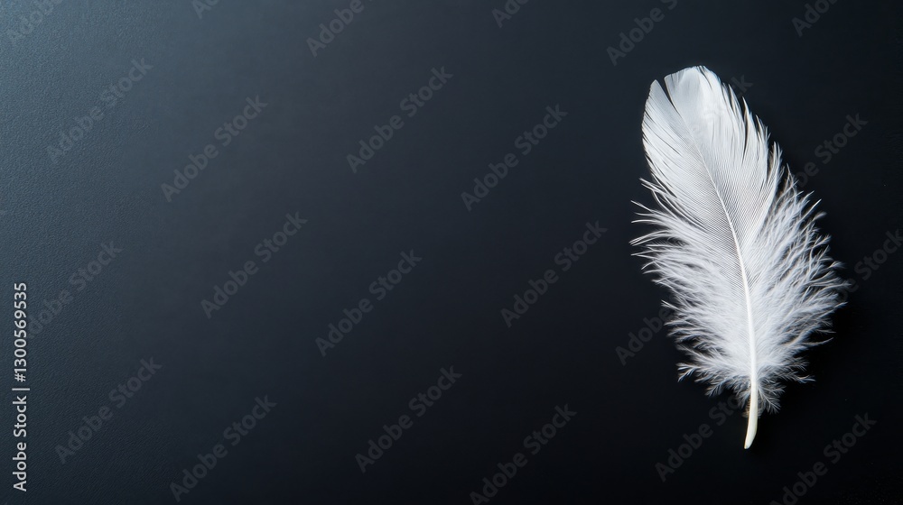 Poster a single white feather lays gently on a deep black surface, illuminated by soft light that accentuat
