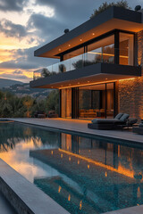 Photographie immobili&egrave;re ext&eacute;rieure d&rsquo;une piscine de maison moderne &agrave; d&eacute;bordement avec un &eacute;clairage LED int&eacute;gr&eacute; et une grande terrasse avec mobilier de jardin minimaliste, cosy et zen. rendu 3D, d&eacute;co