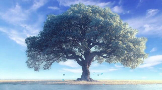 A majestic lone tree stands tall under a clear blue sky, its lush green leaves swaying gently in the breeze. A serene reflection shimmers on the calm water below, creating a peaceful scene.