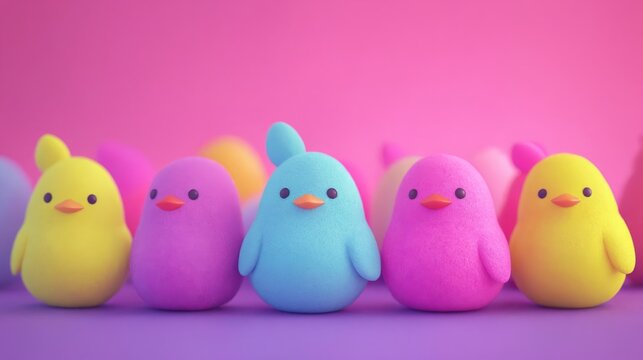 Coloridos y adorables pollitos de juguete en tonos vibrantes en un fondo rosa.