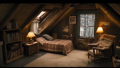 Cozy Attic Bedroom with Wooden Beams and Snowy View