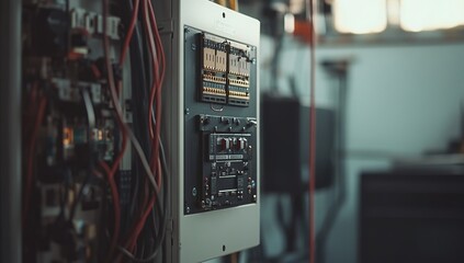 Close Up Of Industrial Electrical Control Panel With Wiring And Components