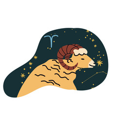 Aries, Zodiac sign icon. Ram in astrology, horoscope, horned animal symbol, star sky. April constellation. Hand drawn vector illustration.