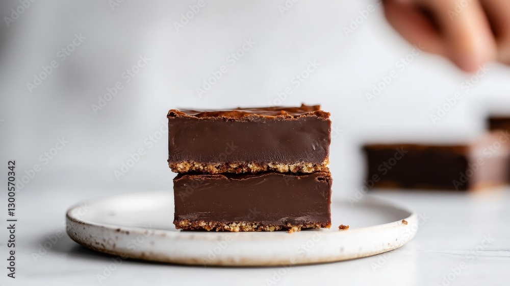 Poster a close-up view showcases a delicious stack of homemade chocolate brownies on a white plate, accente
