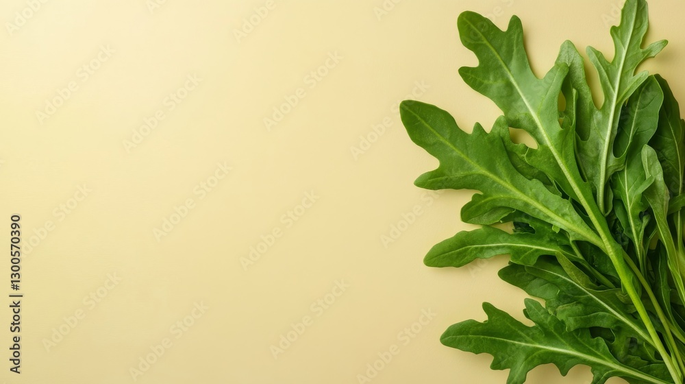 Poster A close-up view of a single arugula leaf highlights its crisp texture and vibrant color against a soft pale yellow background, ideal for design use