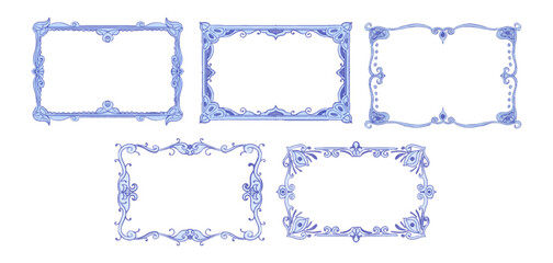 Floral classic and vintage blue frame. Eastern design of borderline, antique frame vector set for decorative invitations, card, porcelain label and more