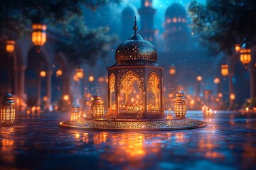  Illuminated Ornate Pavilion Surrounded by Lanterns and Water Reflections in a Magical Setting