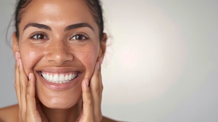 This is a close-up photograph of a smiling woman using a face mask or product during her skincare routine.