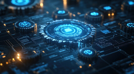 Engineering background featuring complex technical blueprints, mechanical gears, and futuristic digital schematics glowing with neon blue light
