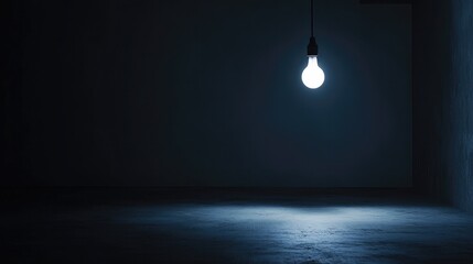 Dark empty room with single flickering light bulb casting long shadows, emphasizing absence of power and eerie atmosphere, minimalist setting with focus on light bulb's glow.
