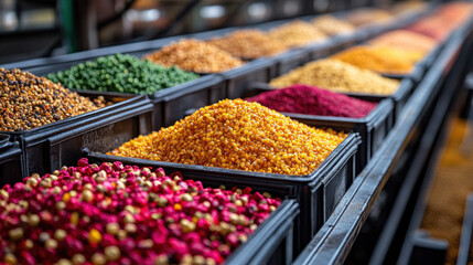 Exotic spice factory with vibrant saffron, vanilla, and rare peppercorns being processed, automated sorting ensuring premium quality, luxurious packaging design