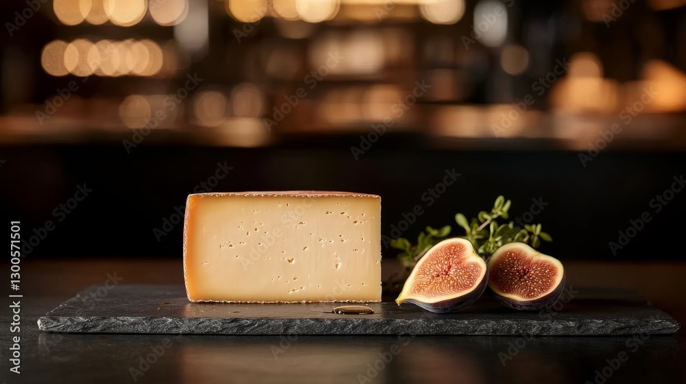 Poster close-up view of a rich cheese platter showcasing a wedge of aged cheddar paired with fresh figs and