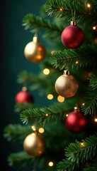 Fototapeta premium Golden ornaments and fairy lights adorn a majestic fir branch, evergreen, festive, holiday