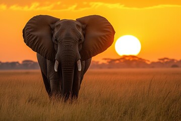 Obraz premium Majestic elephant walks through golden grasslands at sunset in African savanna