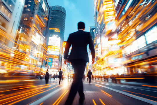 In a bustling city at night, businesspeople in suits navigate lively streets, their movements enhancing the electric atmosphere of vibrant neon lights on towering buildings
